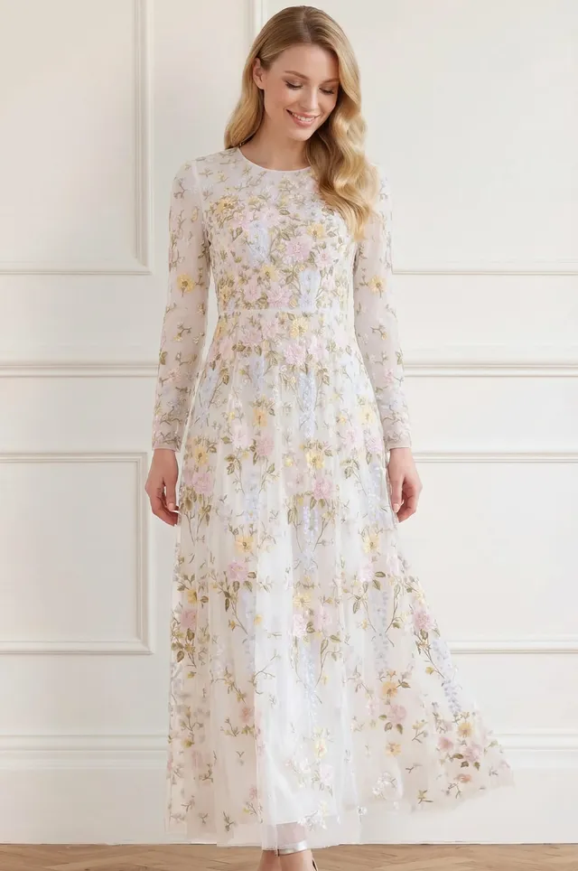 Needle & Thread Garden Rose Long Sleeve Ankle Gown sukienka biała