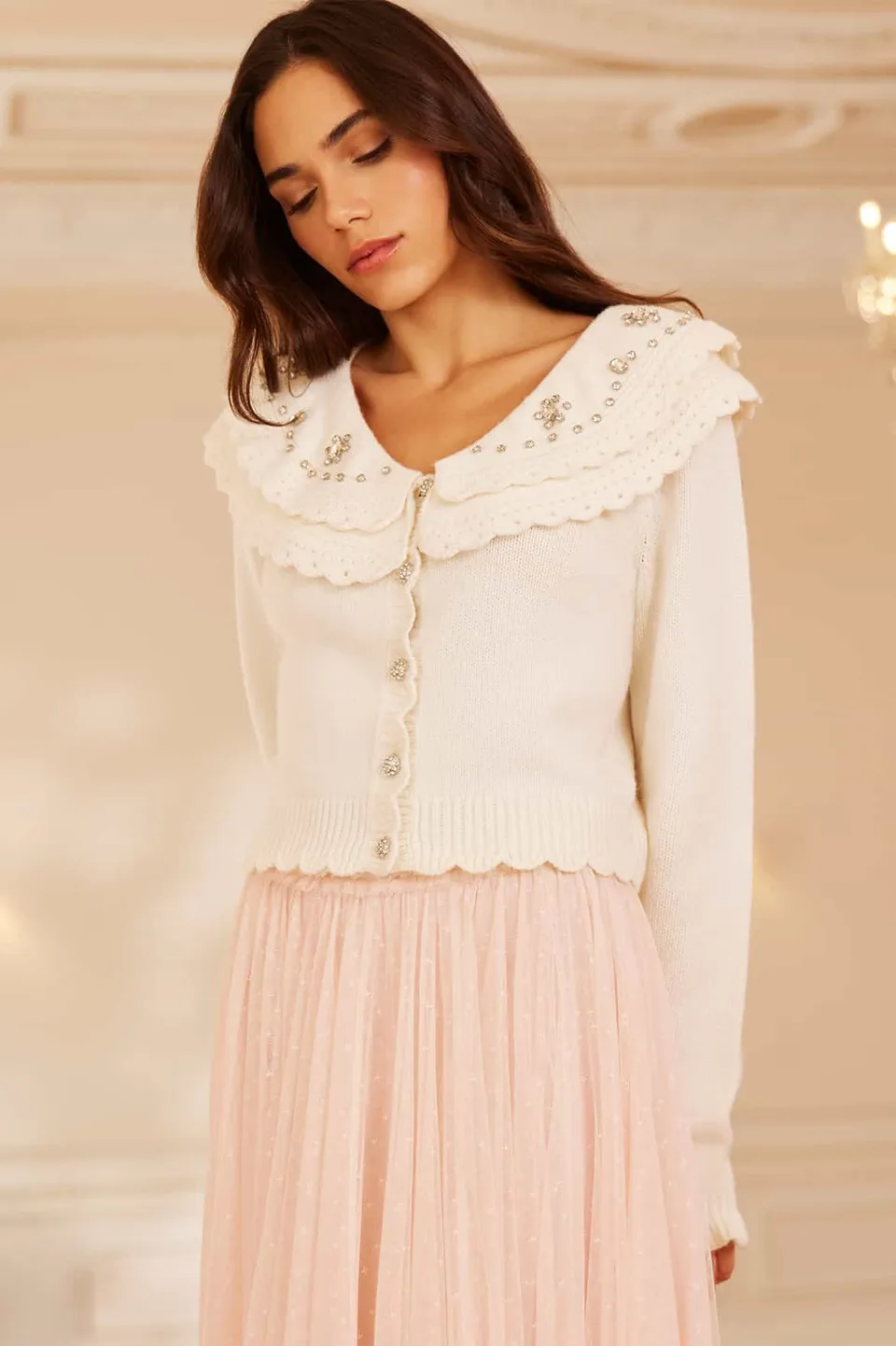 Needle & Thread Embellished Collar kardigan kremowy z wełną