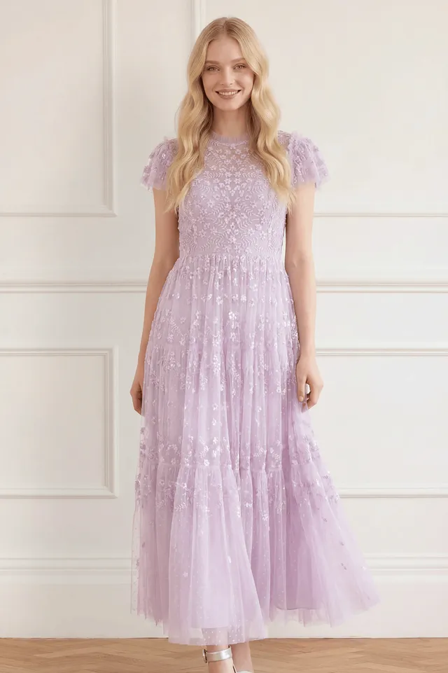 Needle & Thread Clover Short Sleeve Ankle Gown sukienka fioletowa