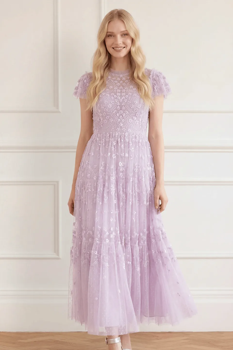 Needle & Thread Clover Short Sleeve Ankle Gown sukienka fioletowa