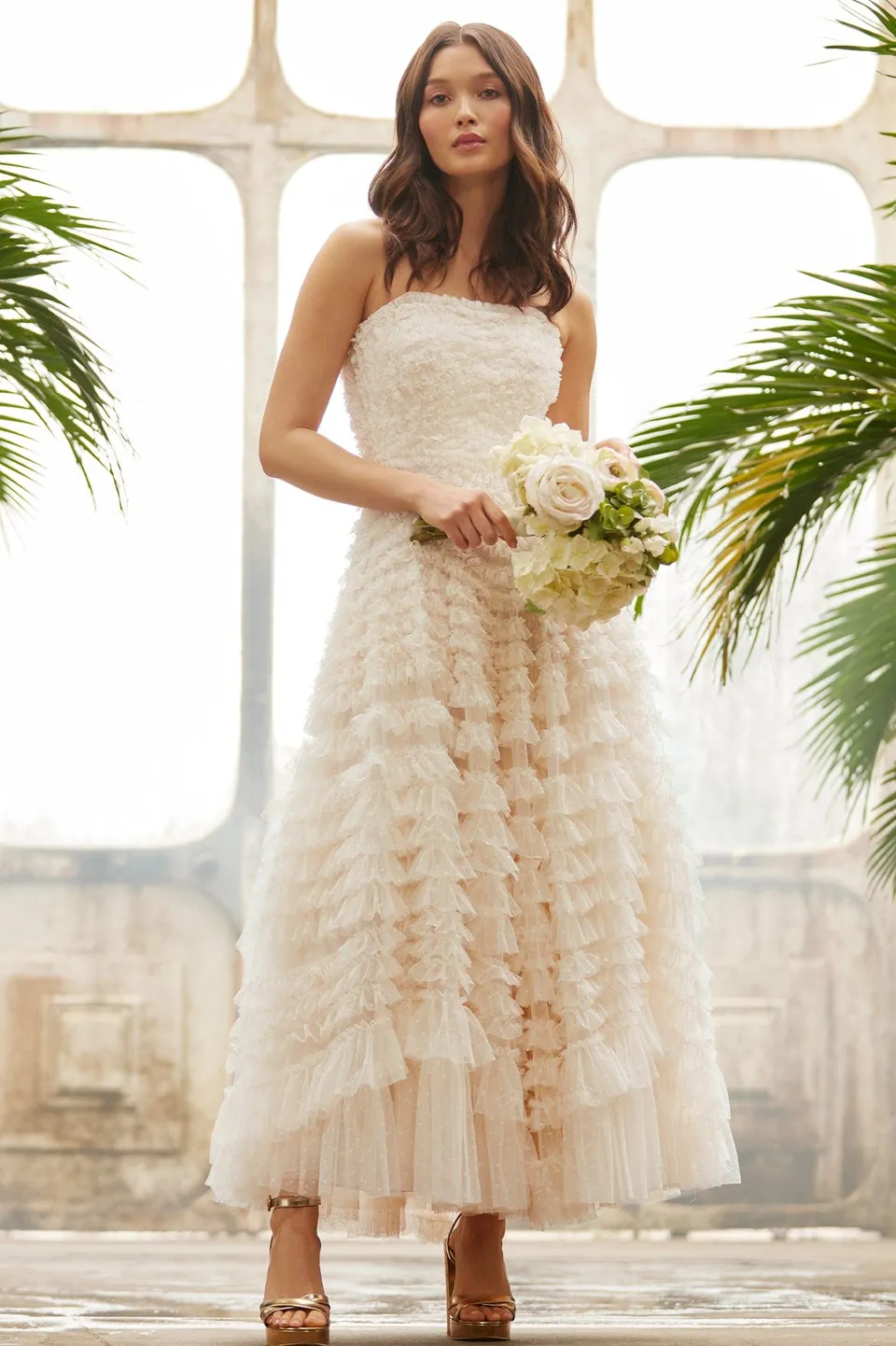 Needle & Thread Hattie Ruffle Strapless Ankle Gown sukienka Cream