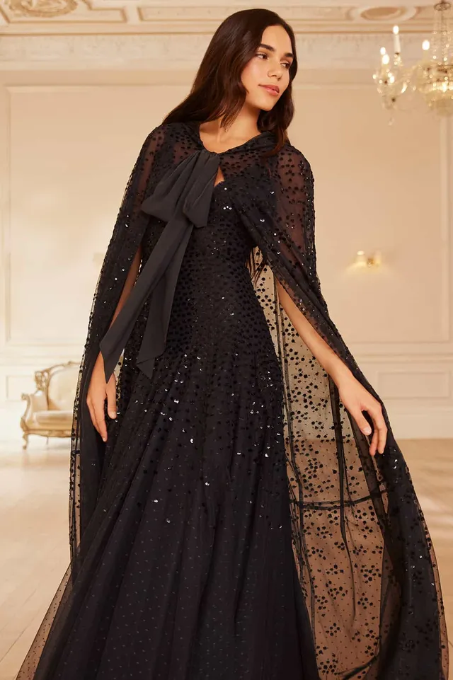 Needle & Thread Dappled Sequin Hooded Long Cape peleryna czarna