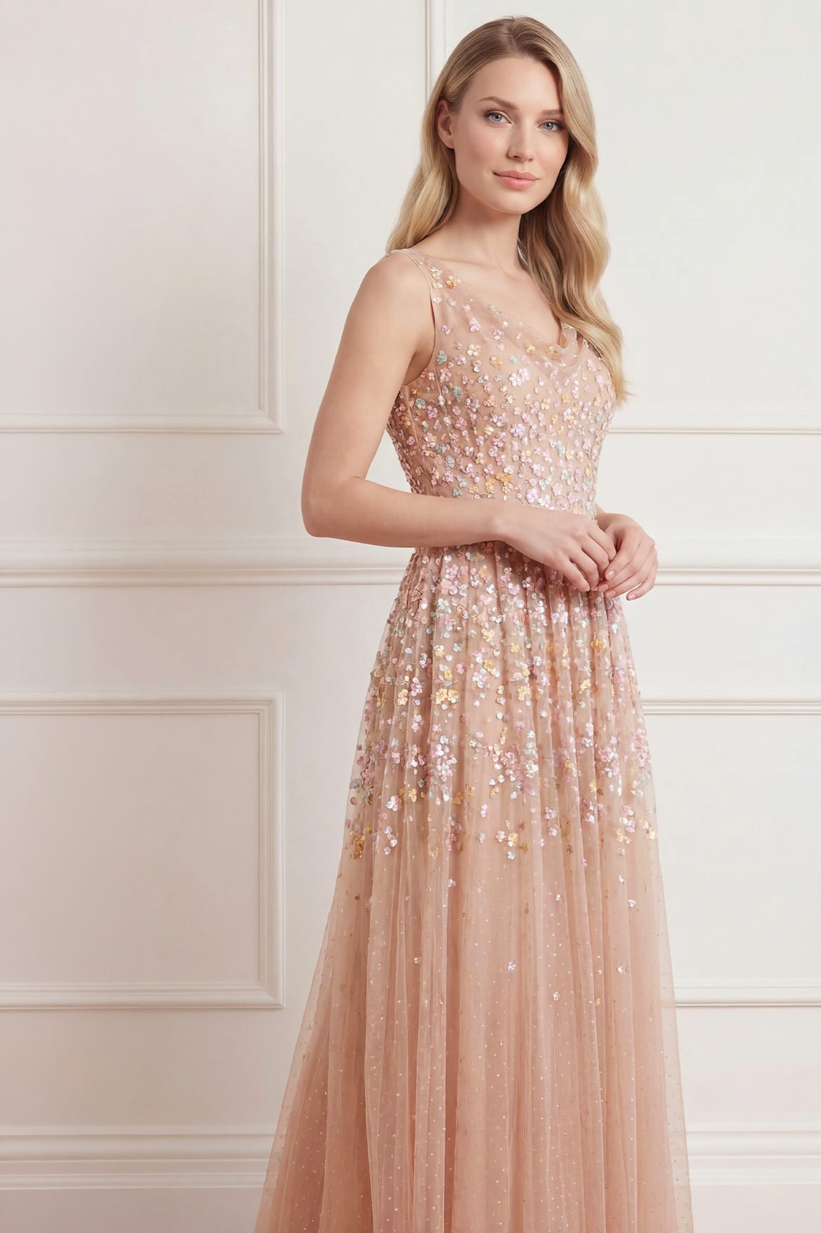 Needle & Thread Versailles Ditsy Cowl Neck Gown sukienka beżowa