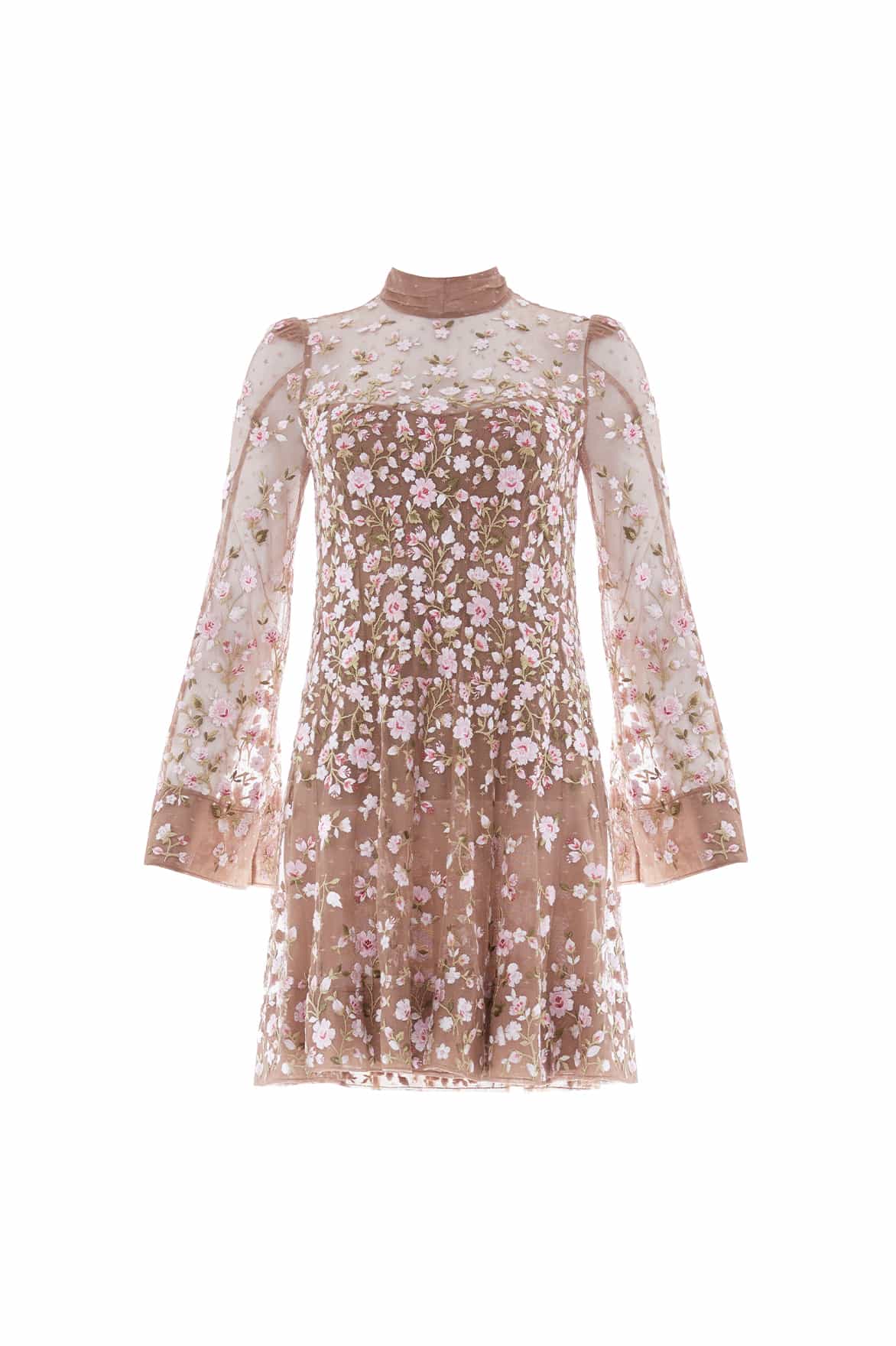 Needle & Thread Sylvia Rose Long Sleeve Micro Mini Dress sukienka beżowa