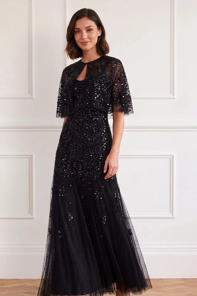 Needle & Thread Nerina Sequin Cami Cape Gown sukienka wieczorowa czarna