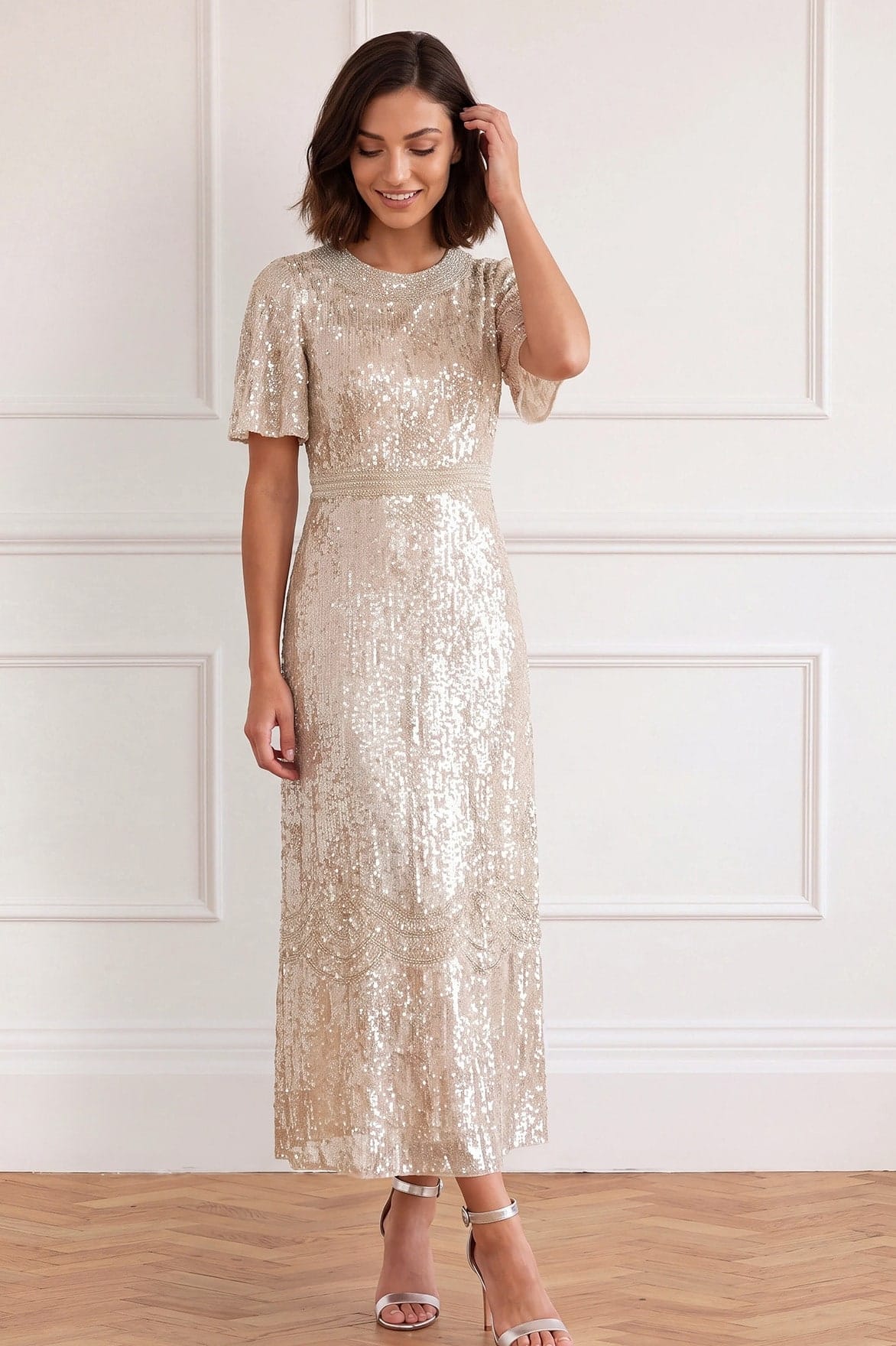 Needle & Thread Luminara Ankle Gown sukienka beżowa cekiny