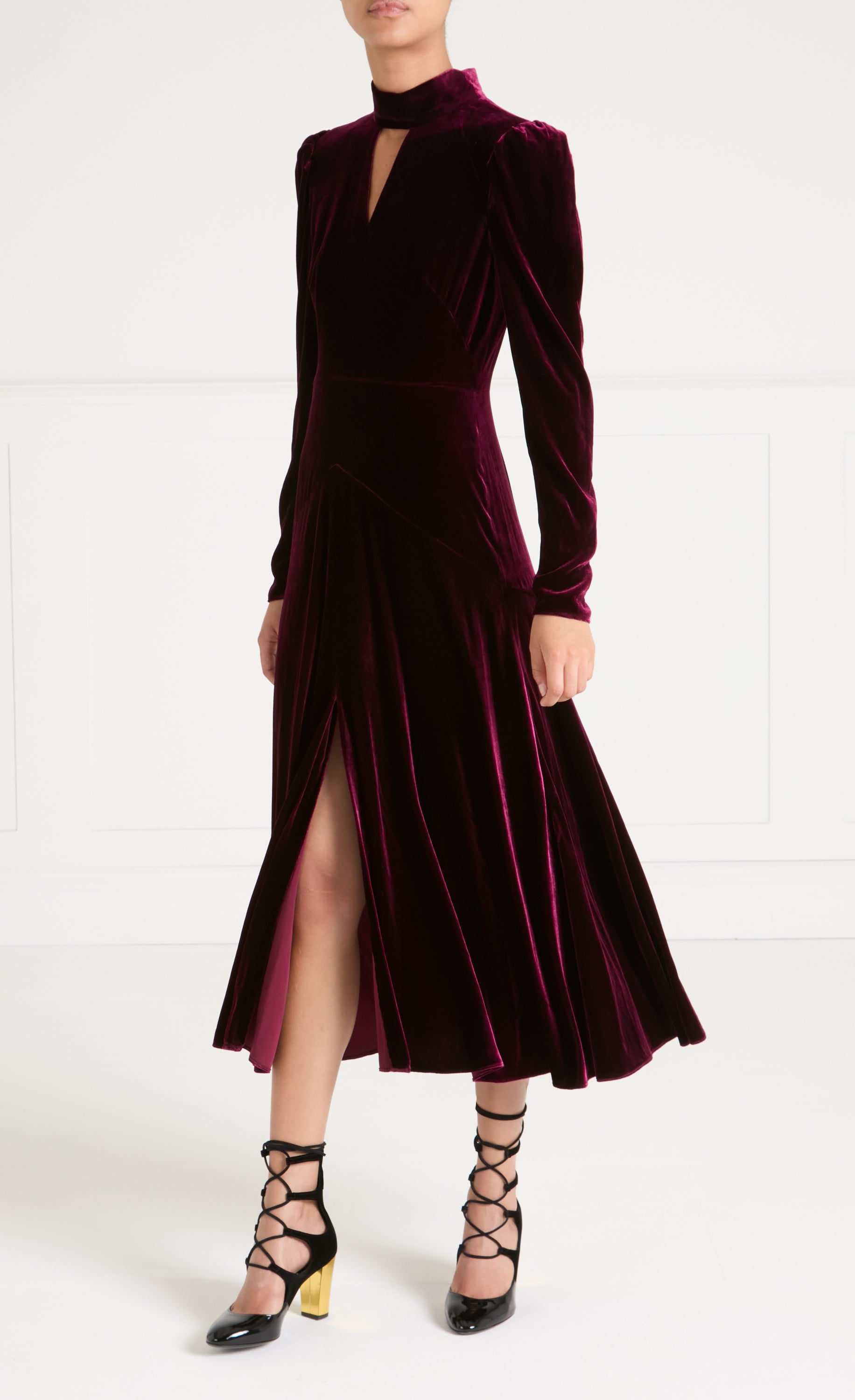 Temperley London Clarice sukienka welwetowa bordowa midi