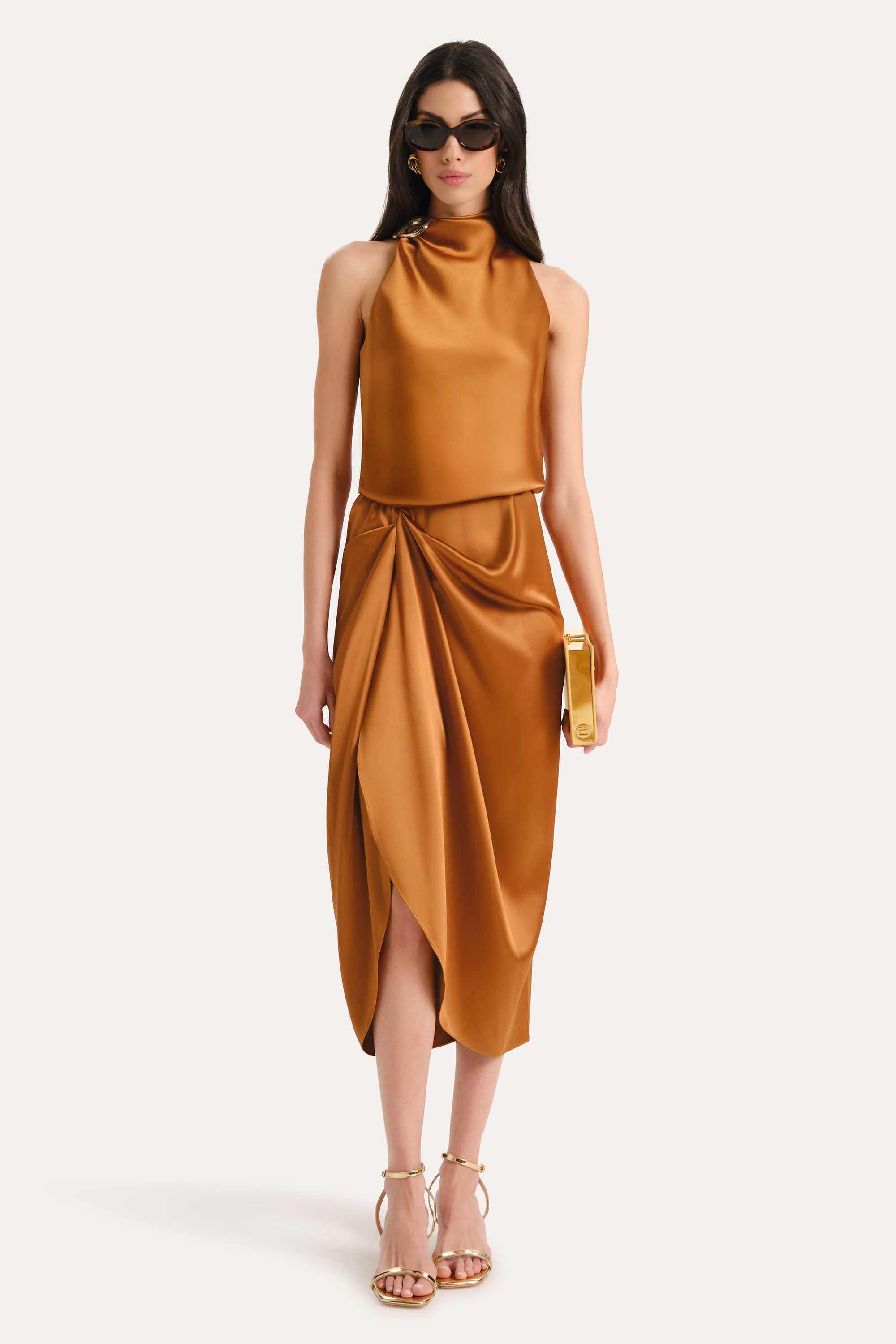 Elie Tahari Josephine E5032606 sukienka latte bronze midi