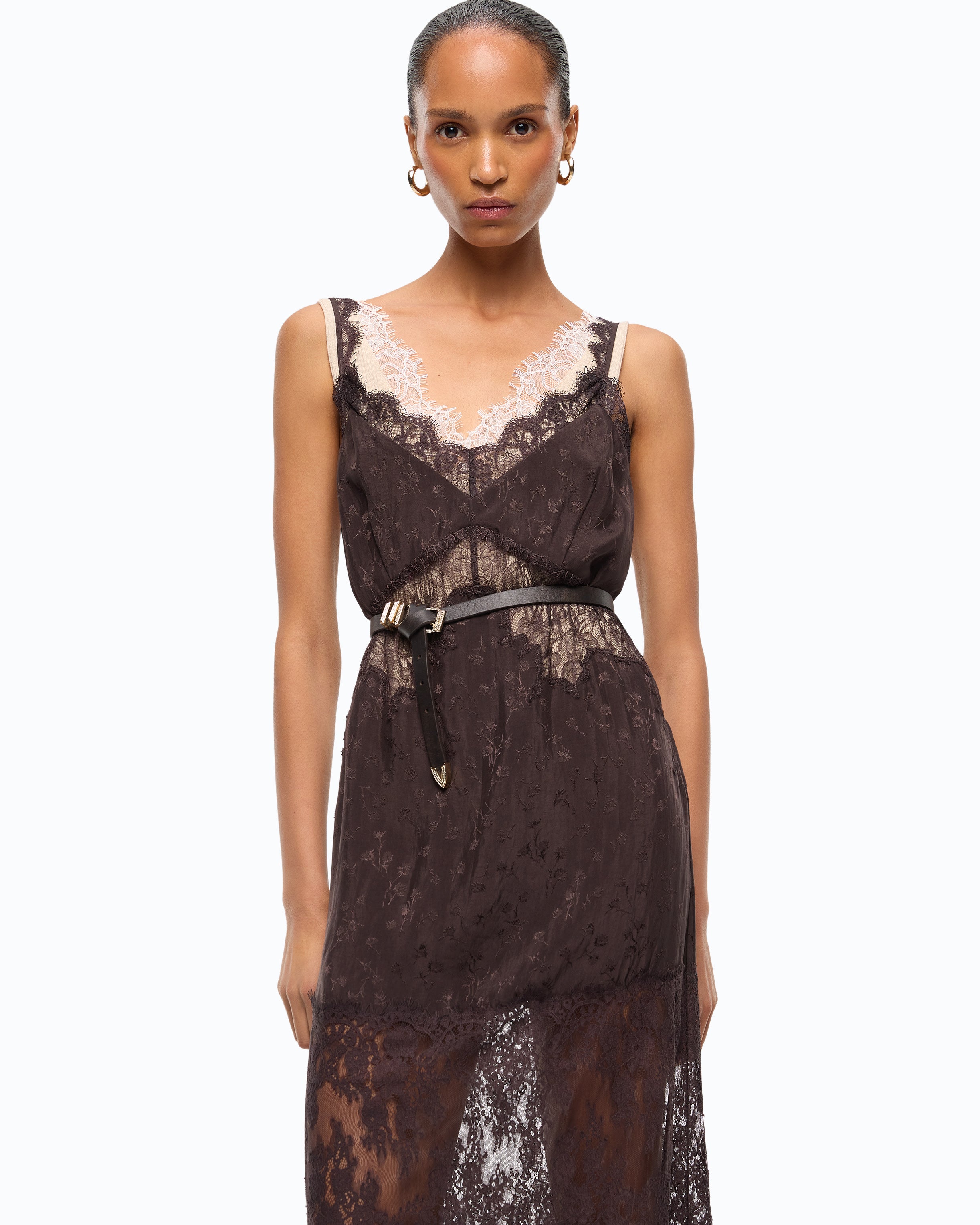 Pinko Aster Dress sukienka midi brązowa halkowa z koronką