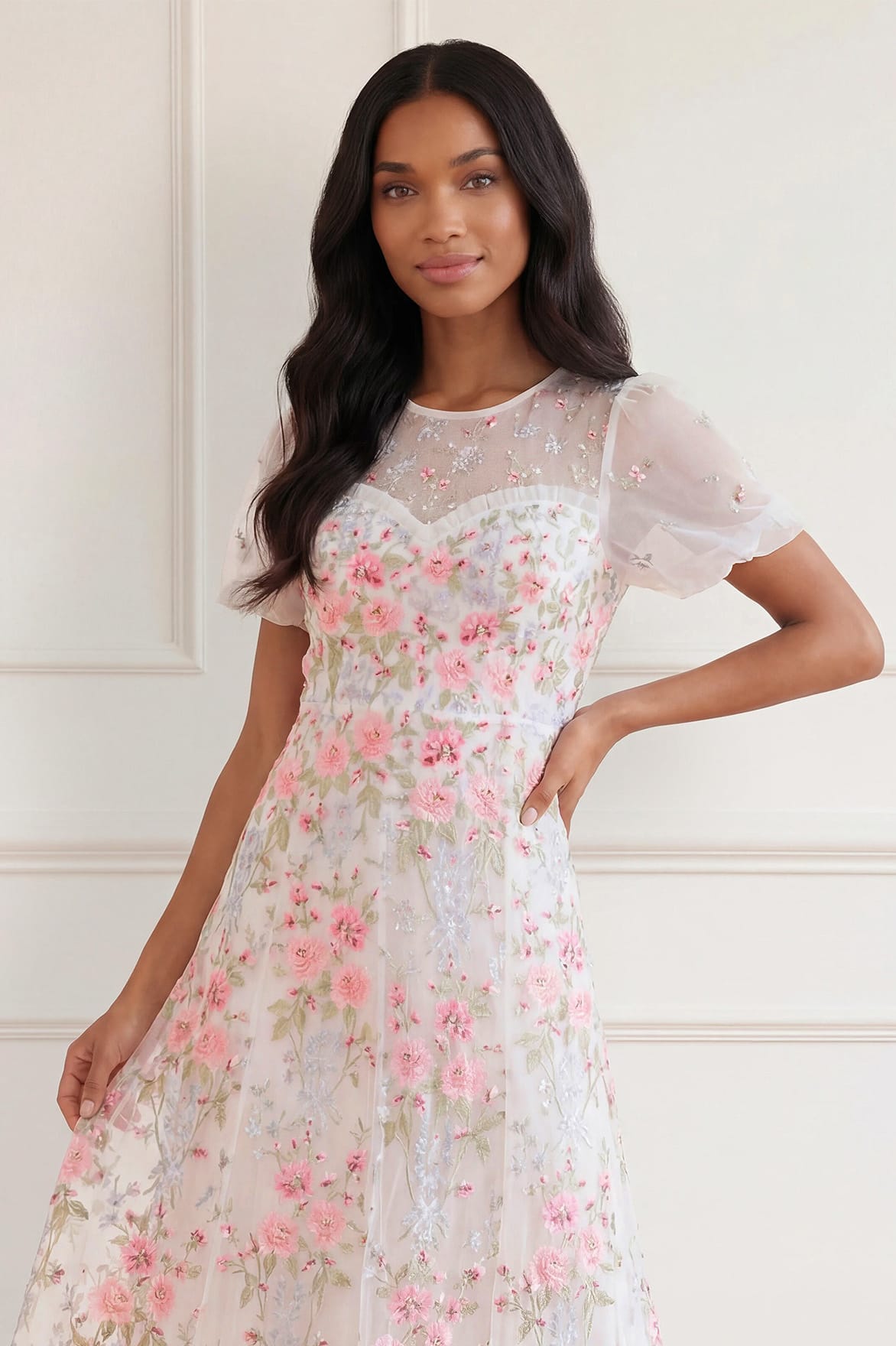 Needle & Thread Garden Rose Ankle Gown sukienka biała haft