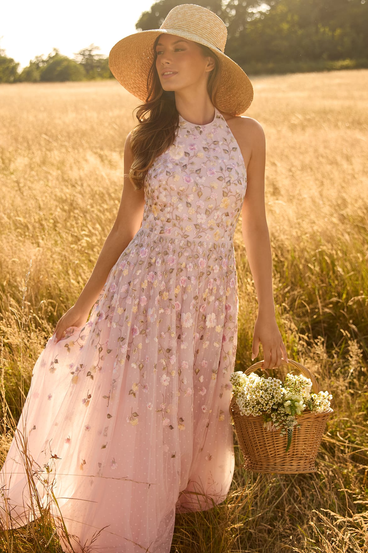 Needle & Thread Trailing Roses Halter Gown suknia różowa z haftem