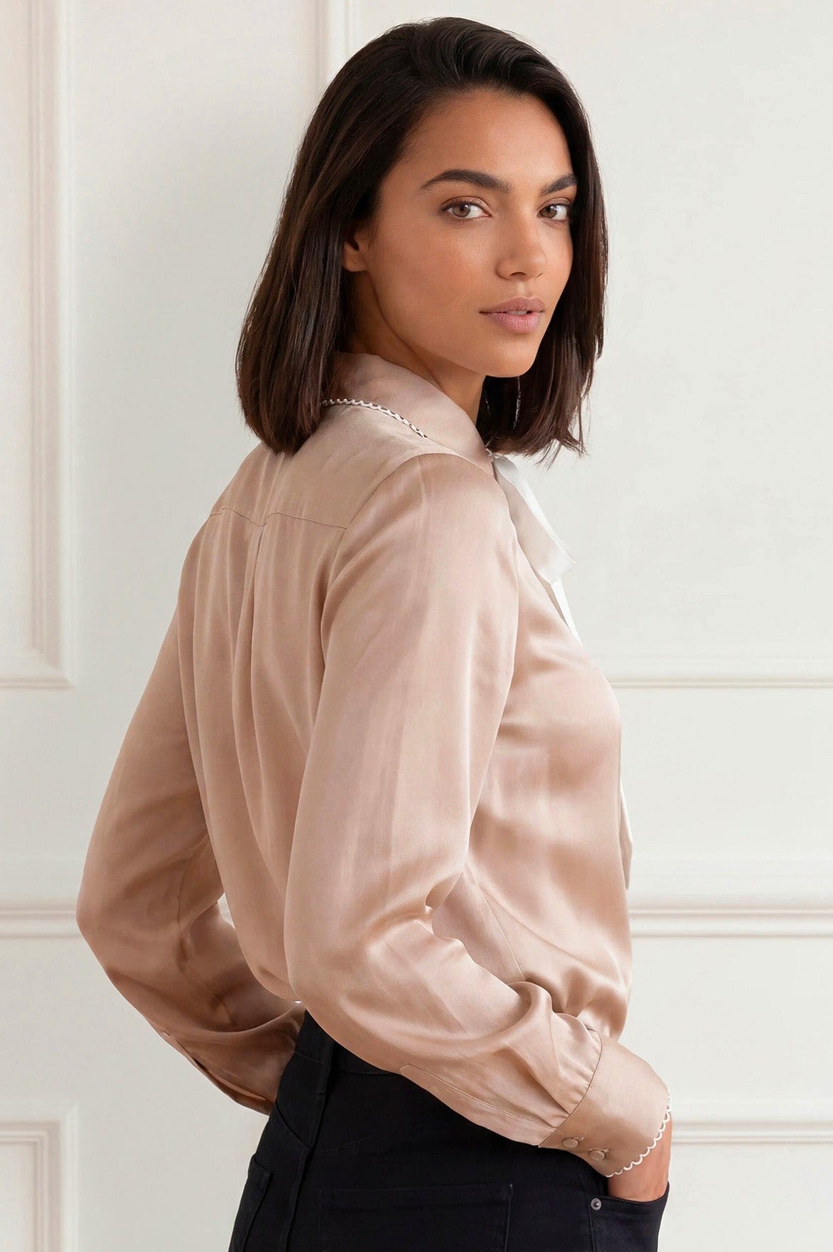 Needle & Thread Lace Trim Bow Shirt koszula Beige jedwabna