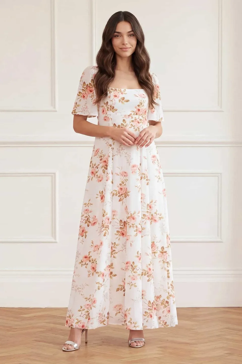 Needle & Thread Summer's Rose Short Sleeve Ankle Gown suknia biała
