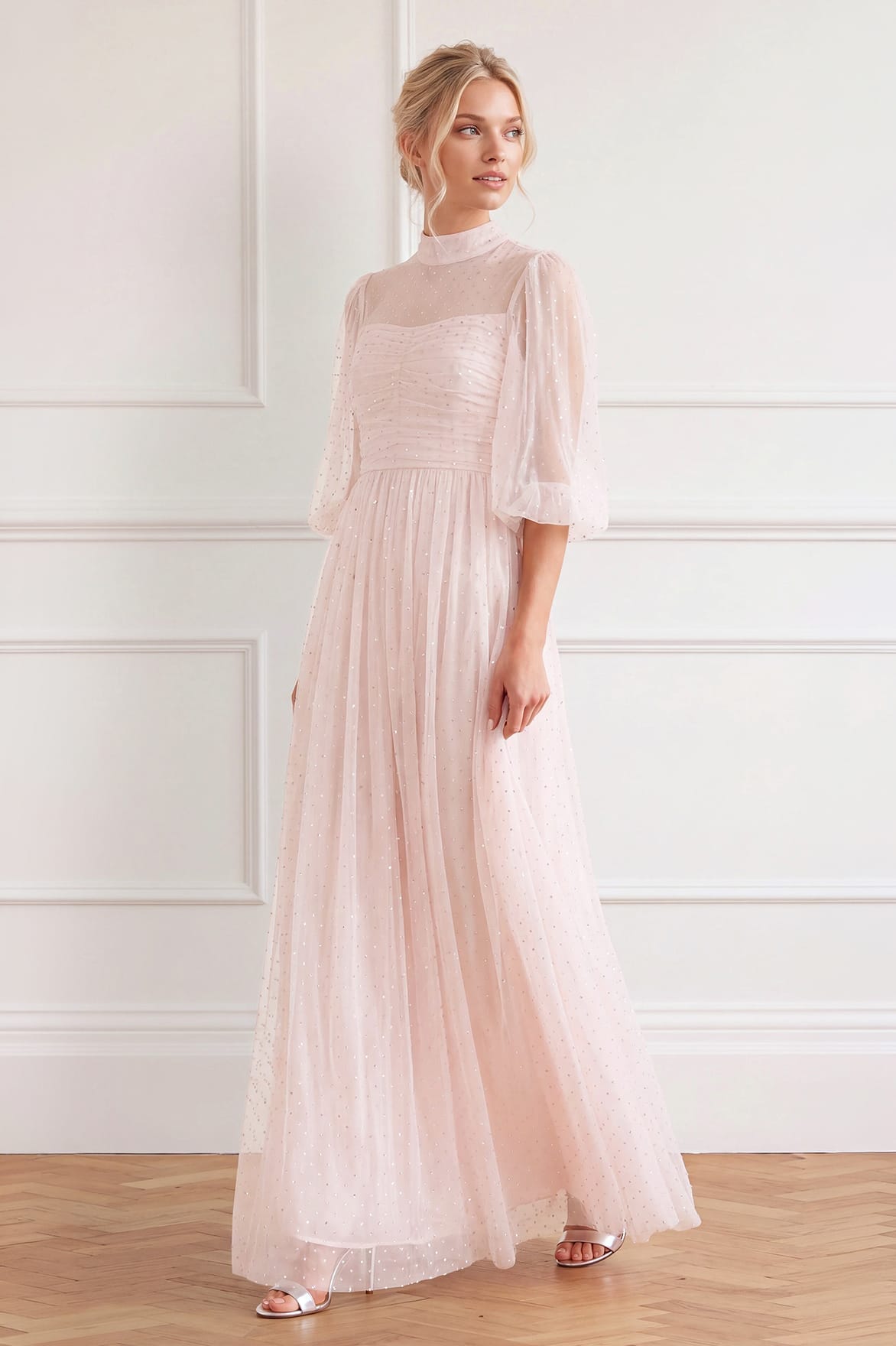 Needle & Thread Amaya Shimmer Long Sleeve Gown suknia różowa
