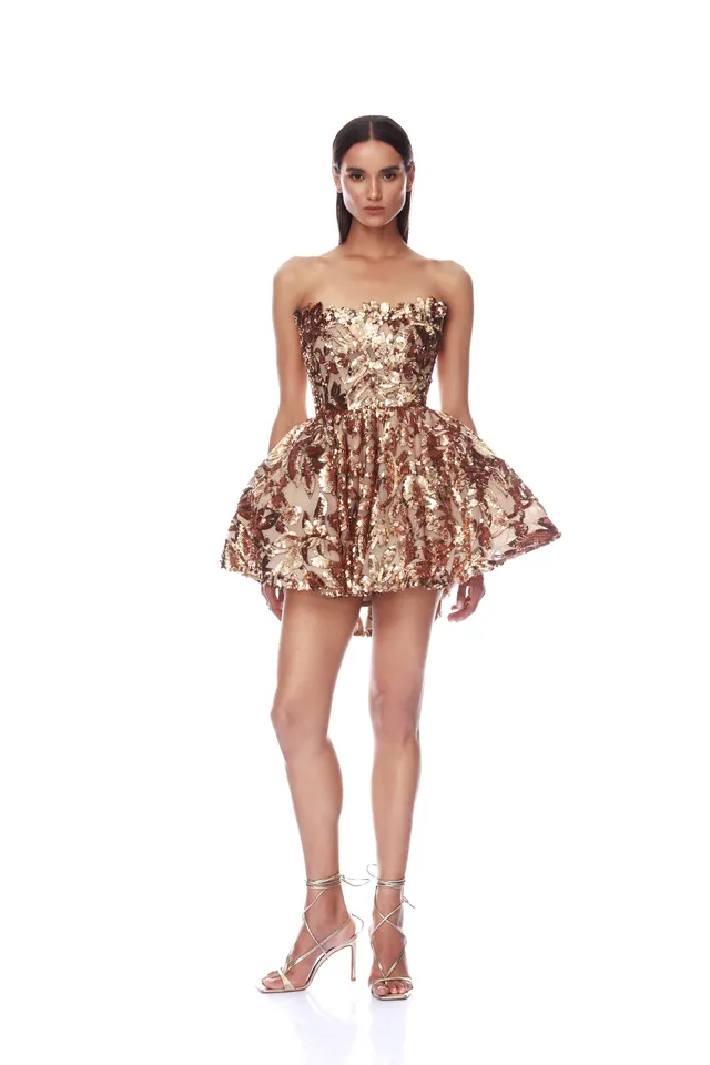 Bronx and Banco Strapless Sequin Mini Dress sukienka koktajlowa brązowa