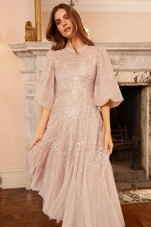 Needle & Thread Scallop Sequin Round Neck Ankle Gown sukienka beżowa