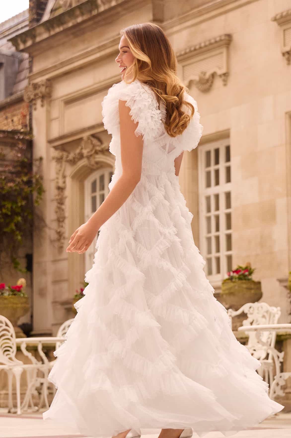 Needle & Thread Genevieve Ruffle Gown sukienka biała falbanki