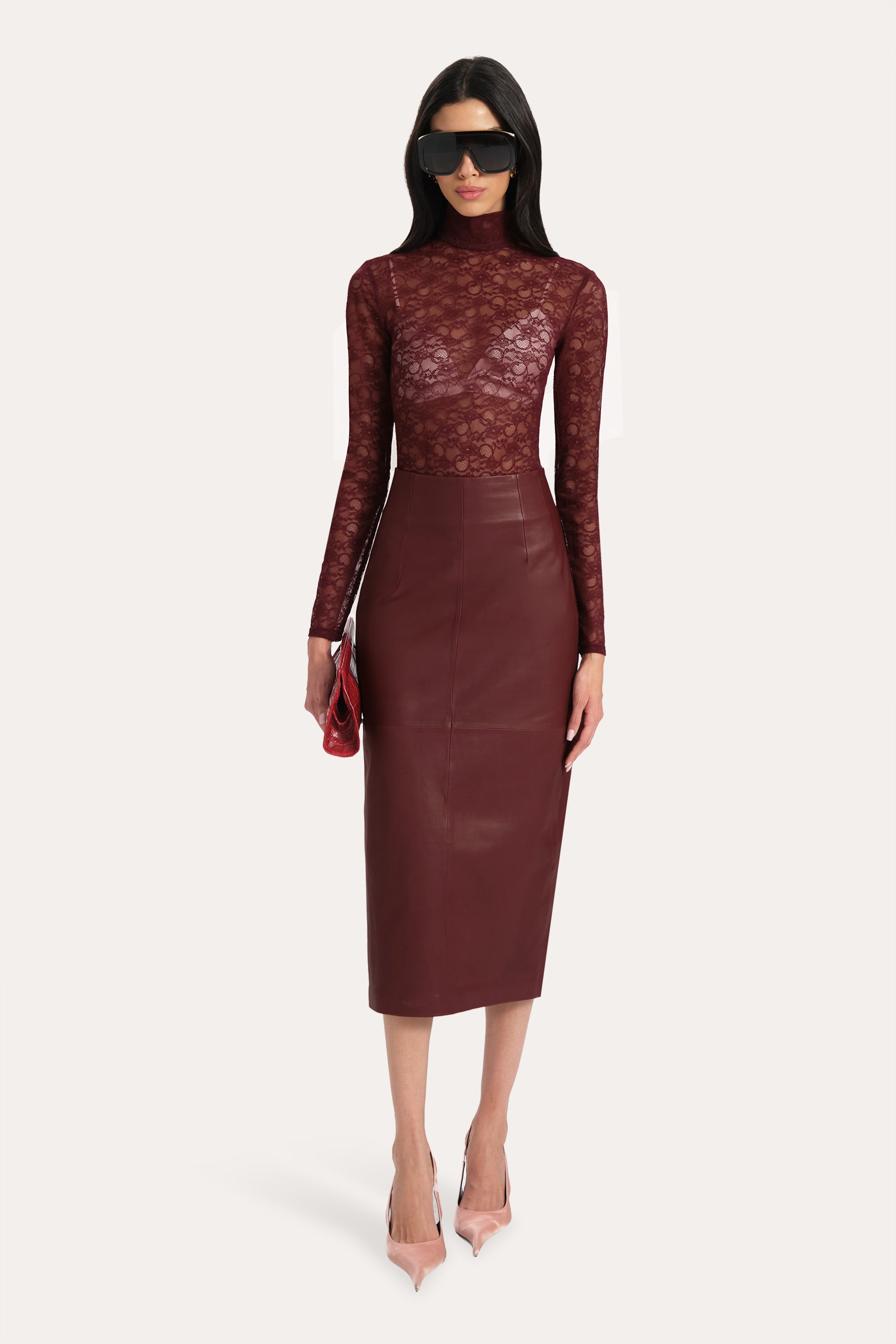 Elie Tahari Brooklyn spódnica skórzana Jester Red midi