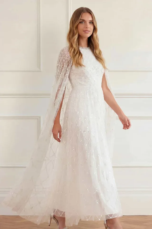 Needle & Thread Heart Lattice Ankle Gown sukienka biała cekinowa