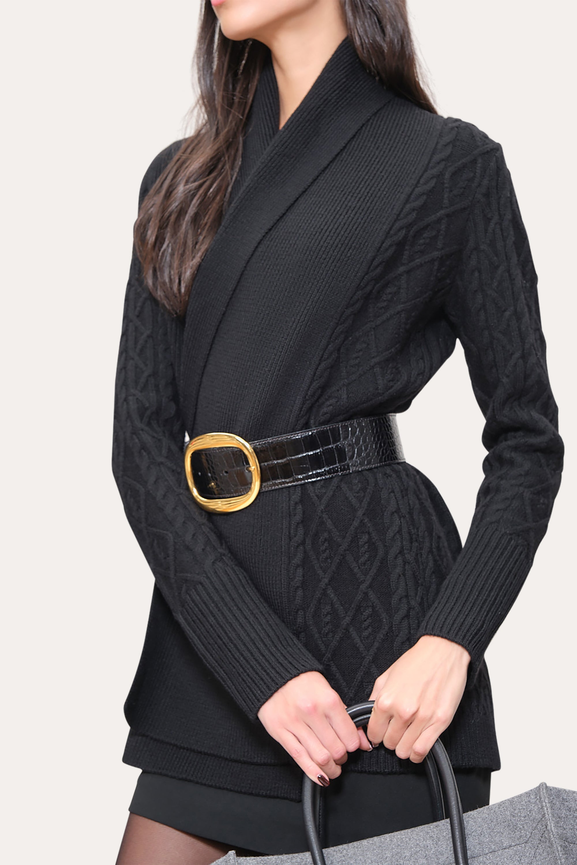 Elie Tahari Cable Knit Cardigan kardigan czarny merino