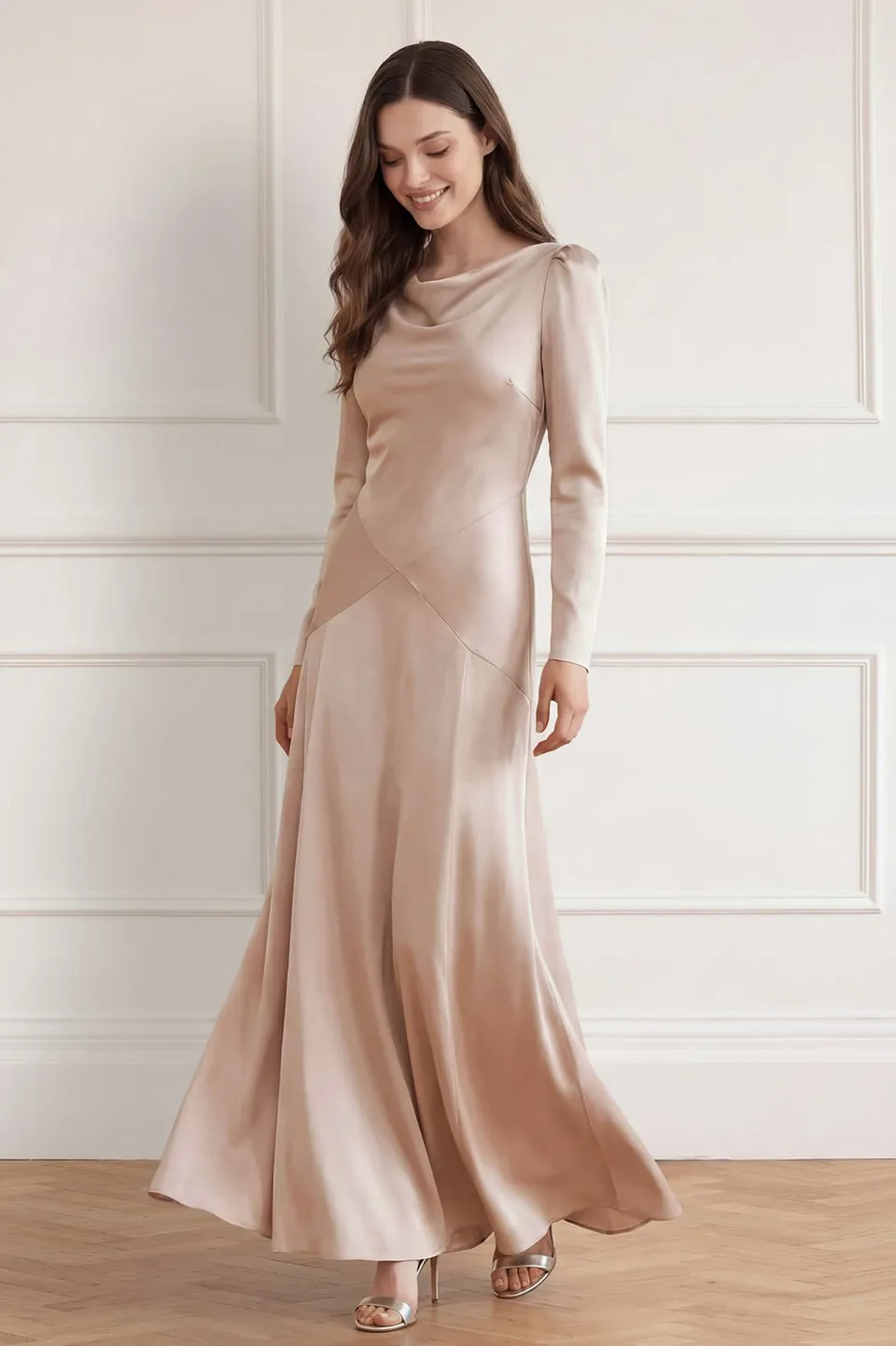 Needle & Thread Evangeline Satin Cowl Neck Long Sleeve Gown sukienka beż