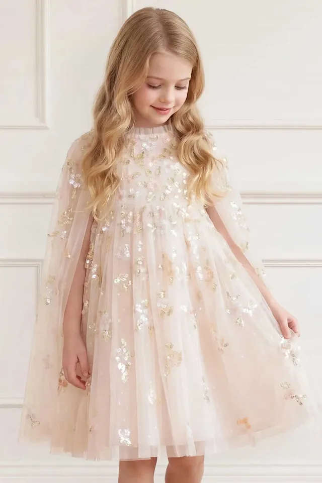 Needle & Thread Freesia Shimmer Cape Kids Dress sukienka kremowa