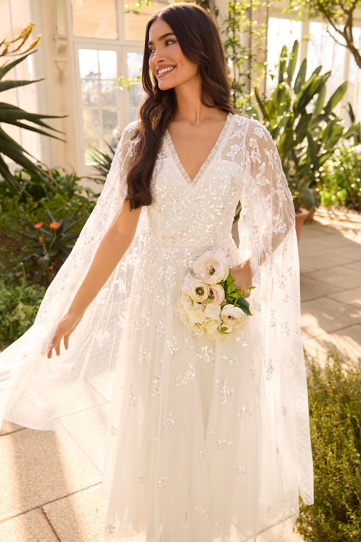 Needle & Thread Freesia Shimmer Cape Sleeve Ankle Gown suknia White