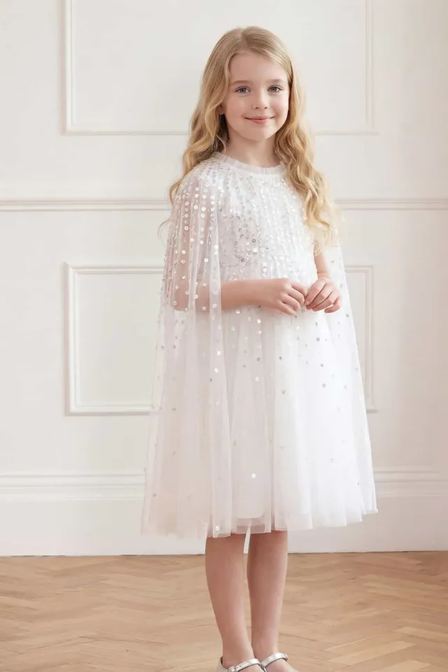 Needle & Thread Moonlight Sequin Cape sukienka dziewczęca biała
