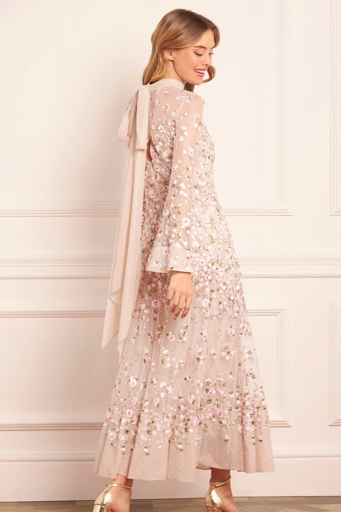 Needle & Thread Sylvia Rose Long Sleeve Ankle Gown sukienka kremowa haft