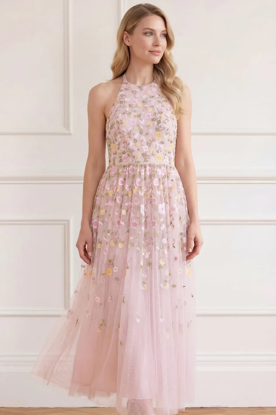 Needle & Thread Trailing Roses Halter Gown suknia różowa z haftem