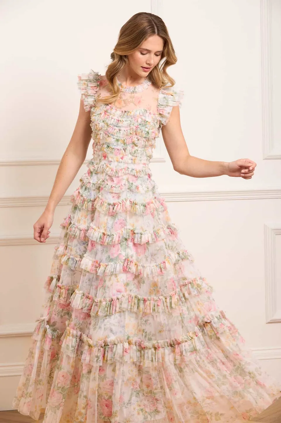 Needle & Thread Pompadour Garden Round Neck suknia Multi print
