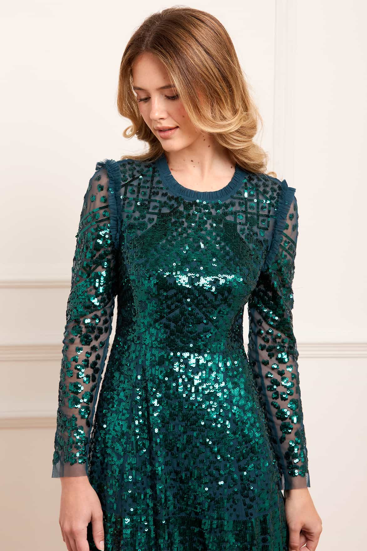 Needle & Thread Aurora Gown sukienka zielona cekiny