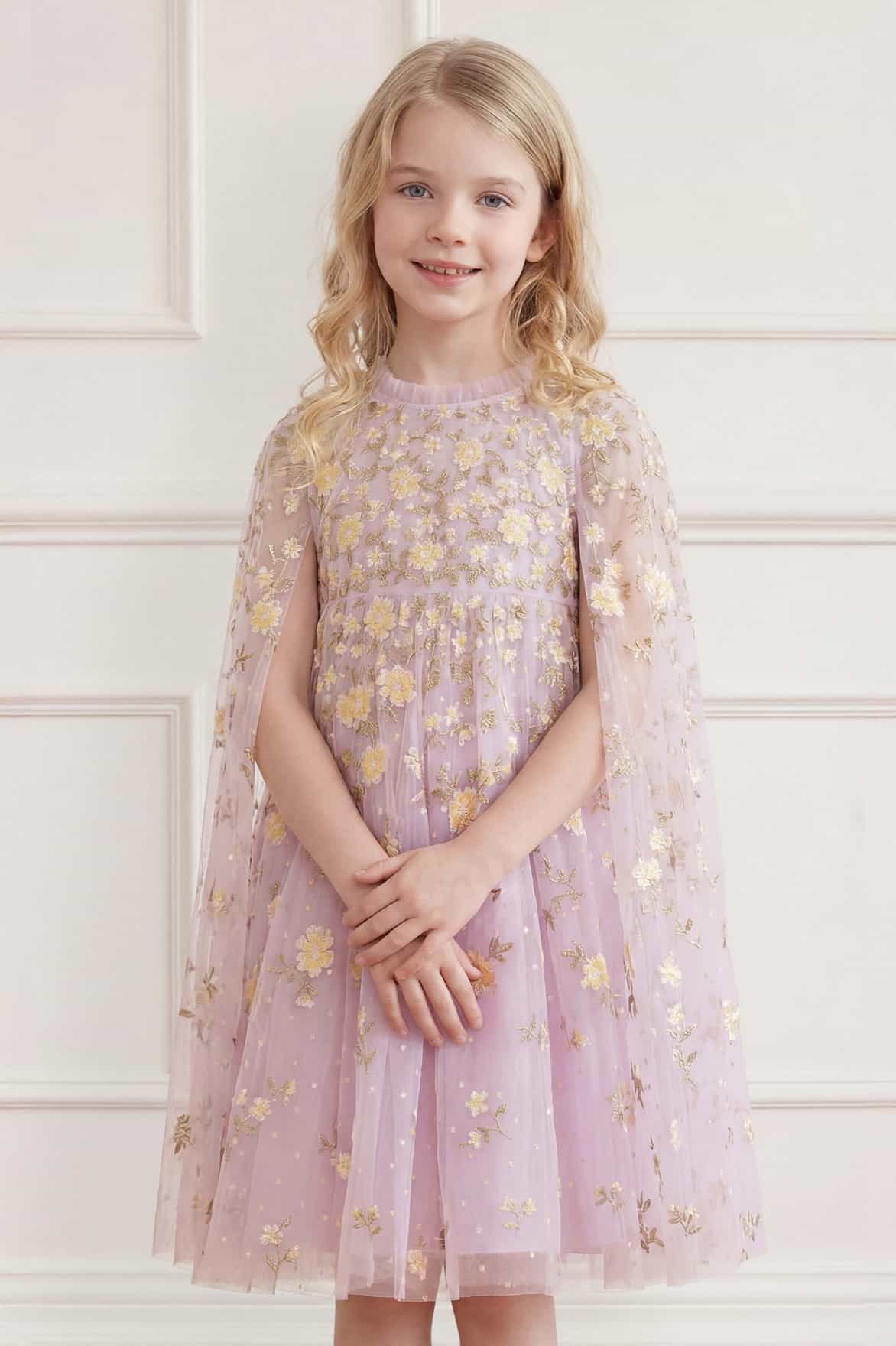 Needle & Thread Lea Ditsy Cape Kids Dress sukienka fioletowa haft