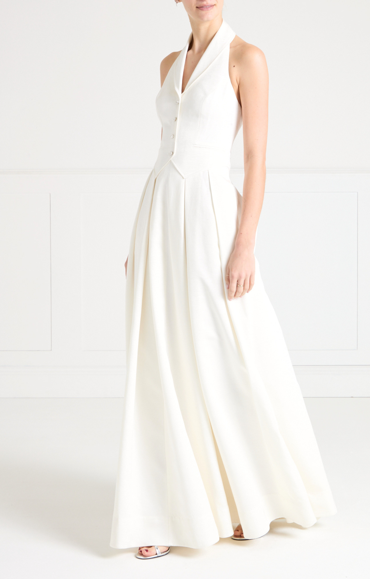 Temperley London Elodie suknia halter ecru maxi kieszenie