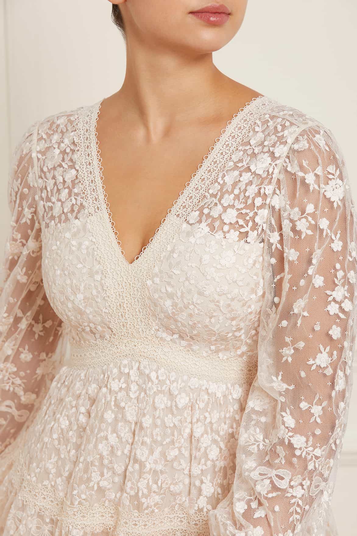 Needle & Thread Celestia Ribbon Ankle Gown sukienka kremowa haftowana