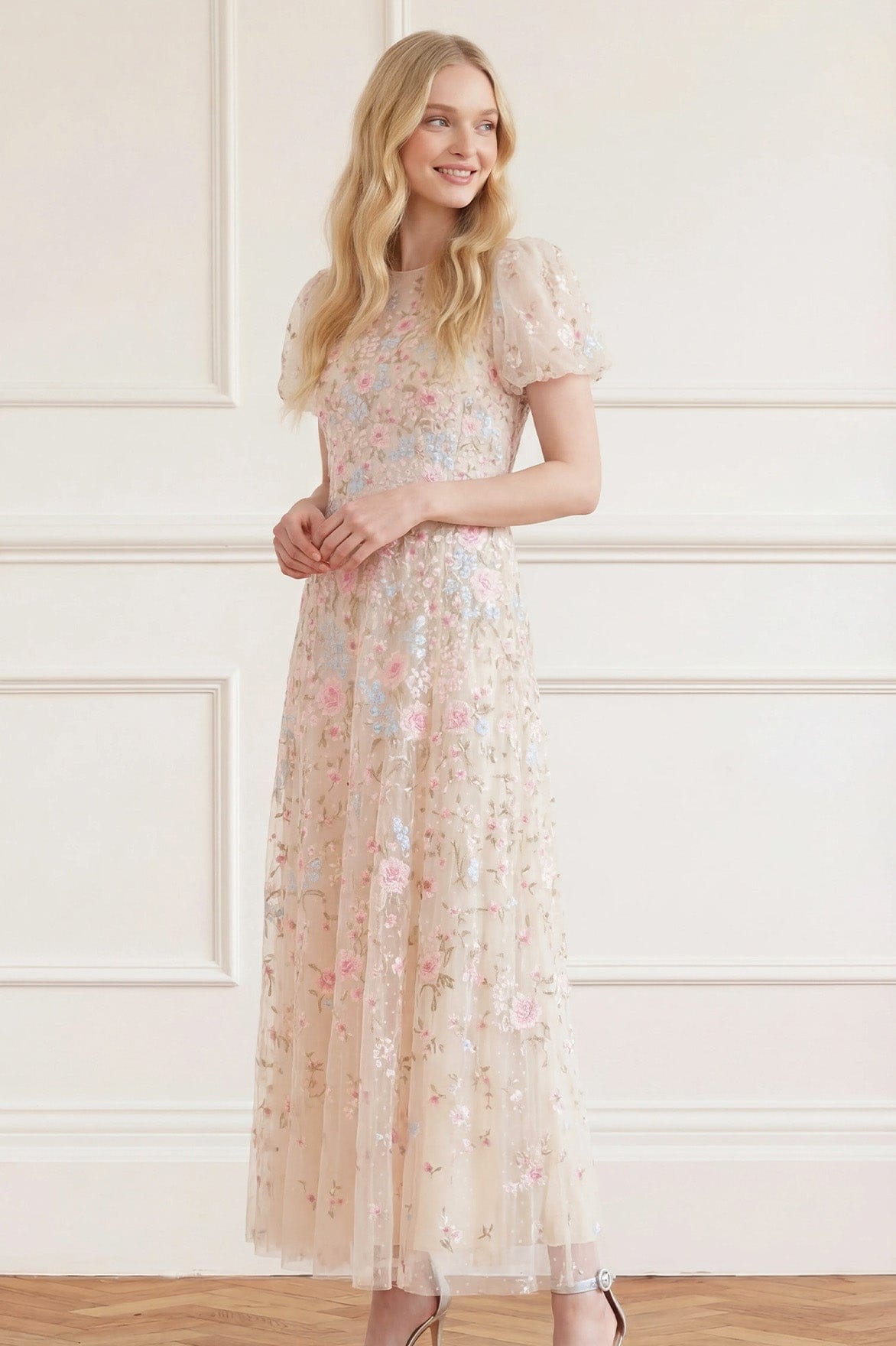 Needle & Thread Peony Bouquet Round Neck Ankle Gown sukienka kremowa