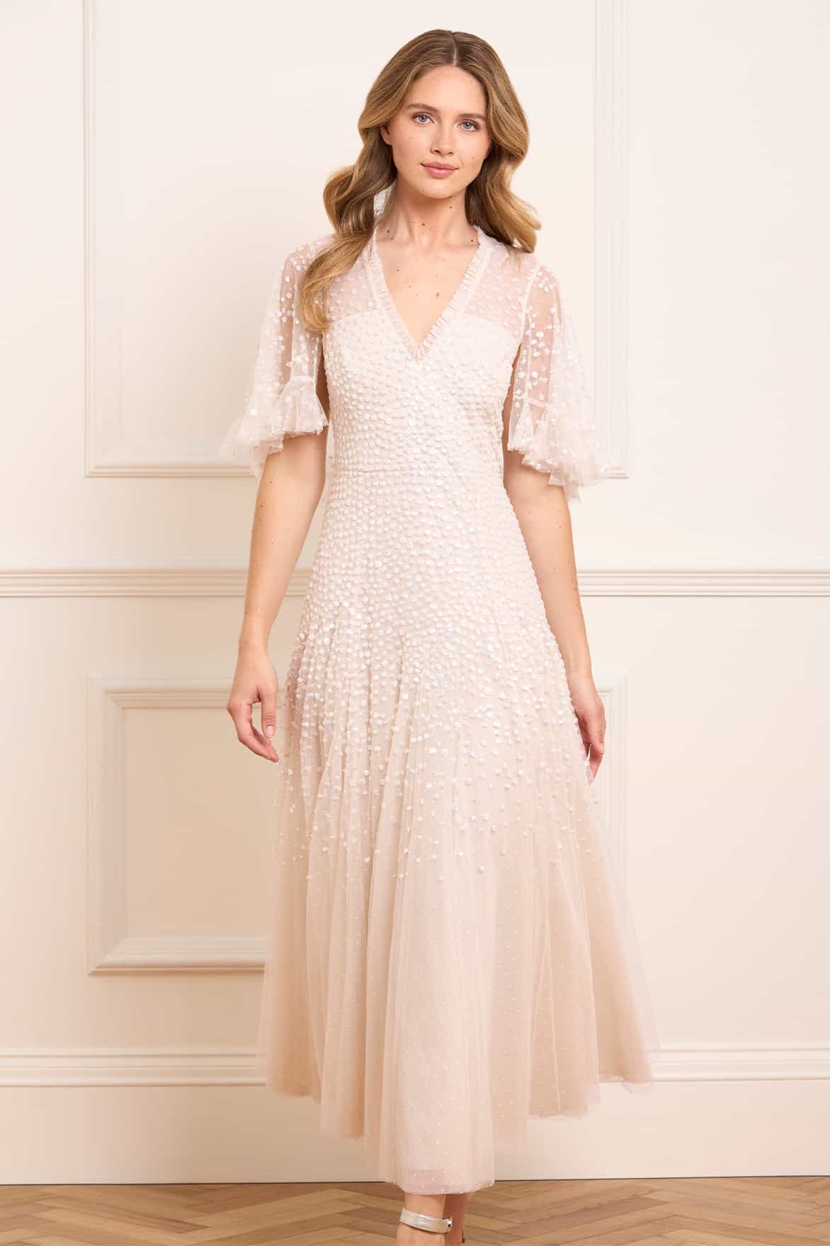 Needle & Thread Dappled Sequin Cape Ankle Gown sukienka Cream cekinowa