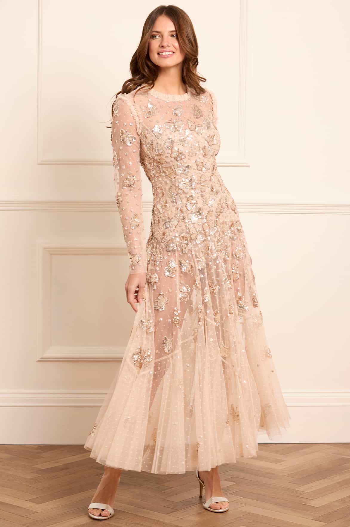 Needle & Thread Papillon Sheer Ankle Gown suknia Parchment