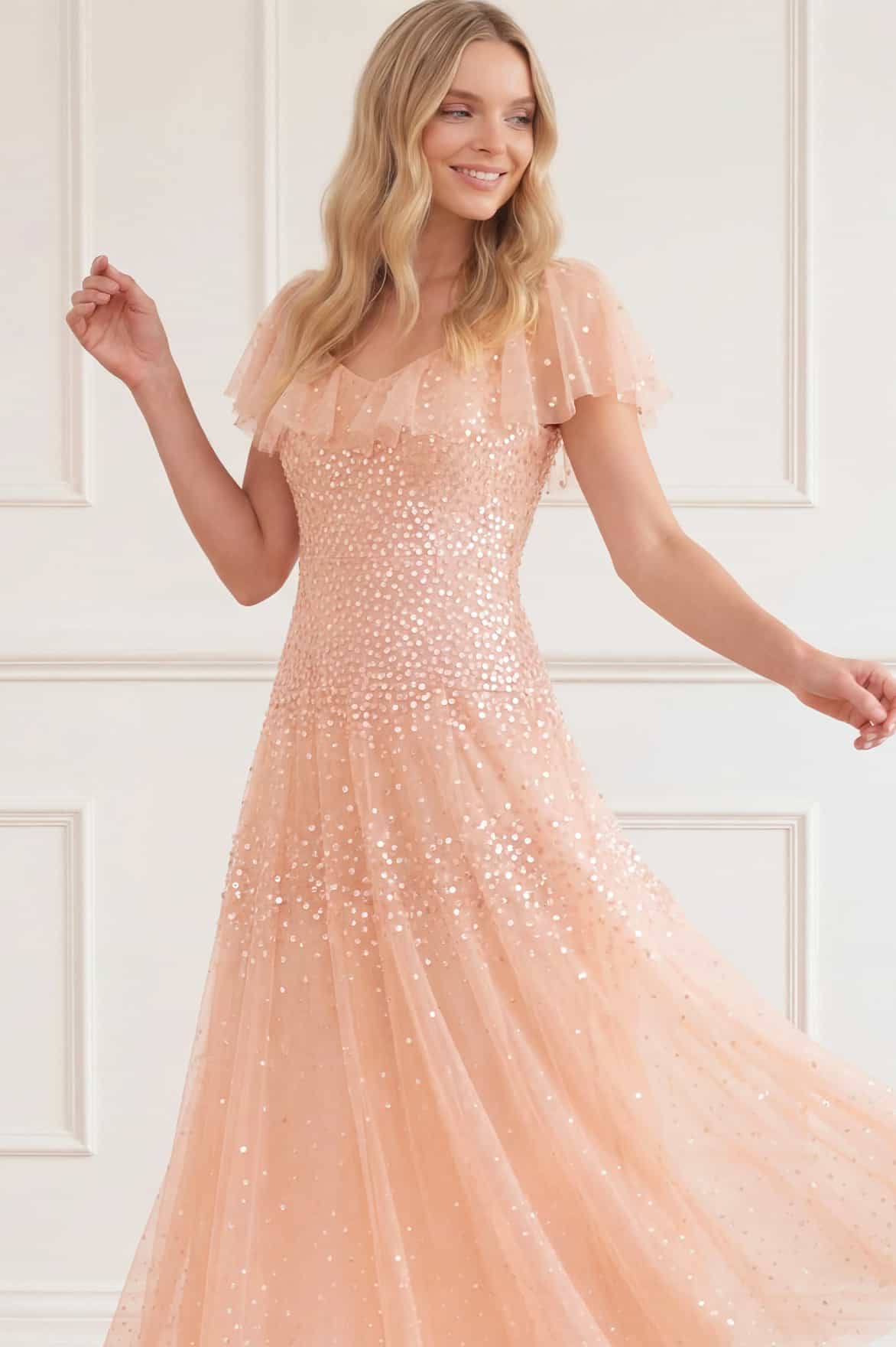 Needle & Thread Sunrise Sequin V-Neck sukienka różowa midi