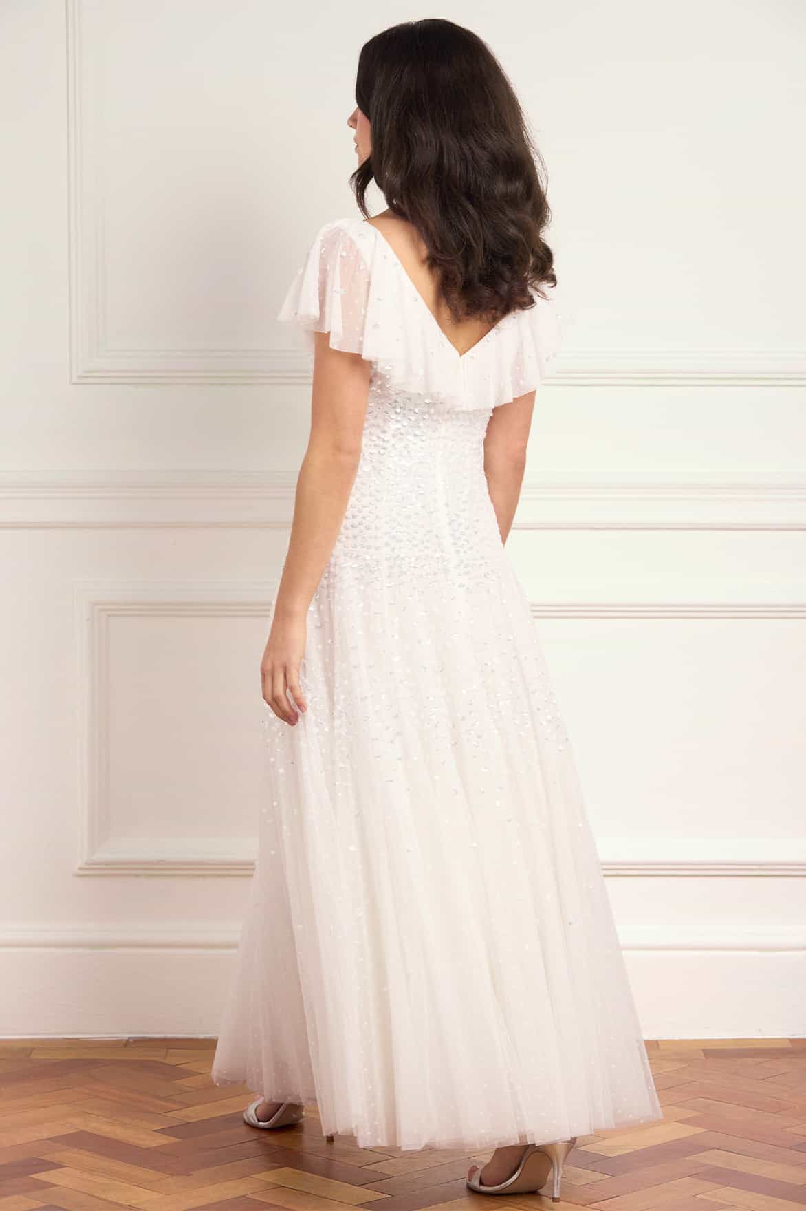 Needle & Thread Sunrise Sequin V-Neck Ankle Gown sukienka biała