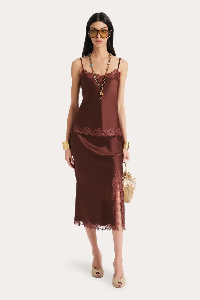 Elie Tahari Brooke spódnica jedwabna Bitter Chocolate midi