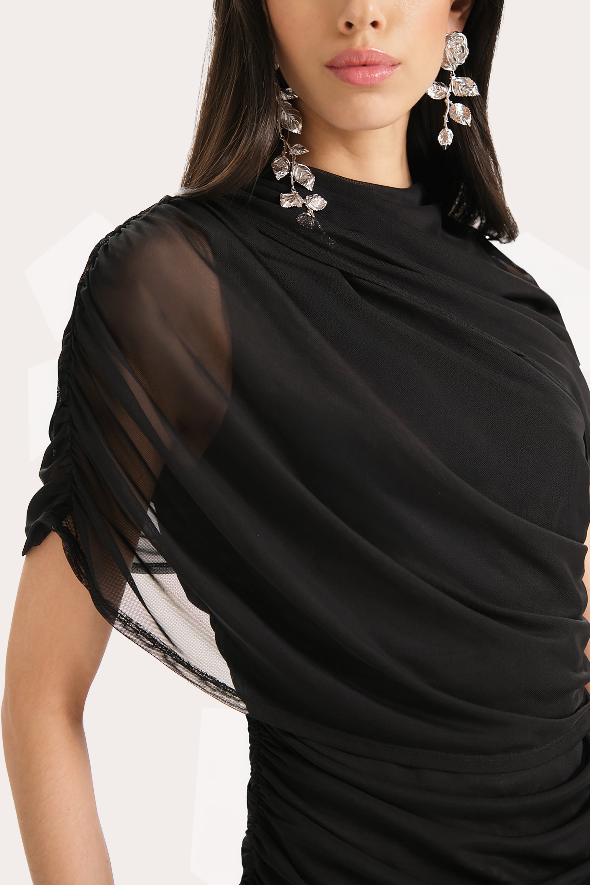 Elie Tahari Gaia Draped Mesh Top top czarny marszczony