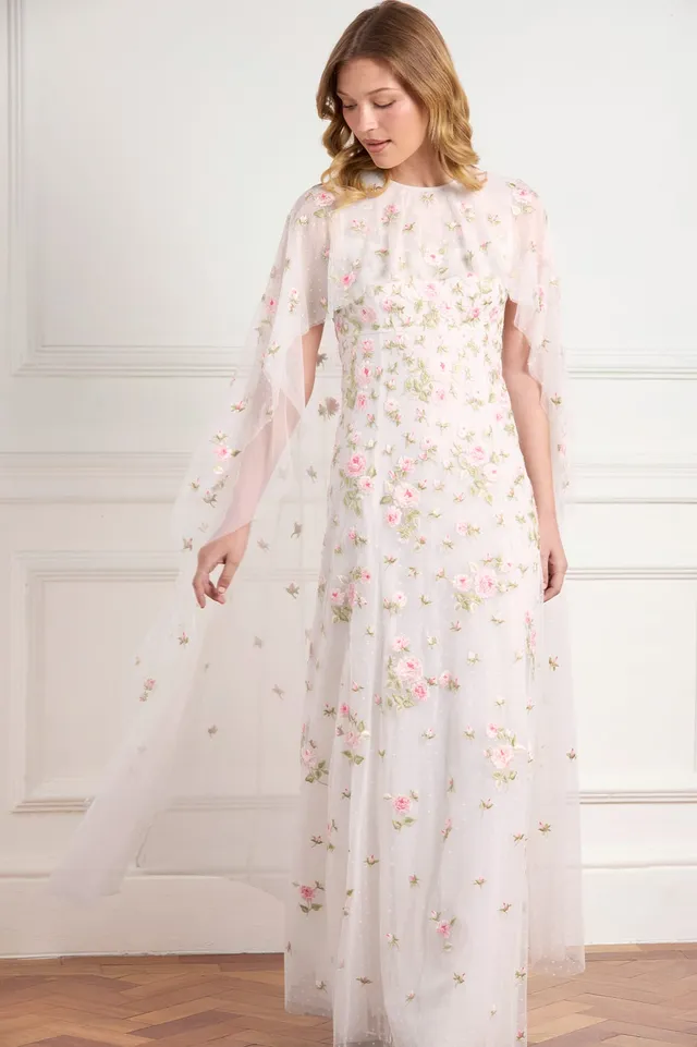 Needle & Thread Rose Bloom Cape Gown sukienka biała w kwiaty