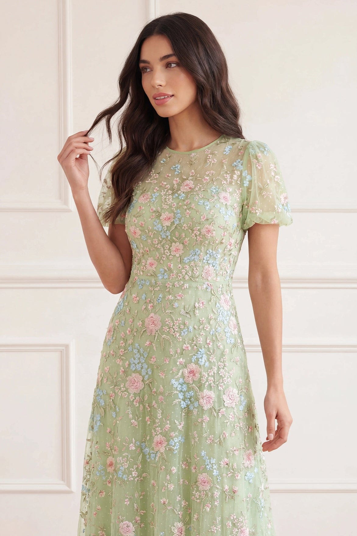 Needle & Thread Peony Bouquet Round Neck Ankle Gown suknia zielona