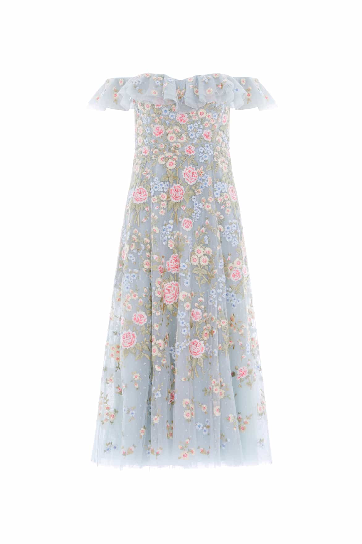 Needle & Thread Antoinettes Floral Ballerina sukienka niebieska haftowana