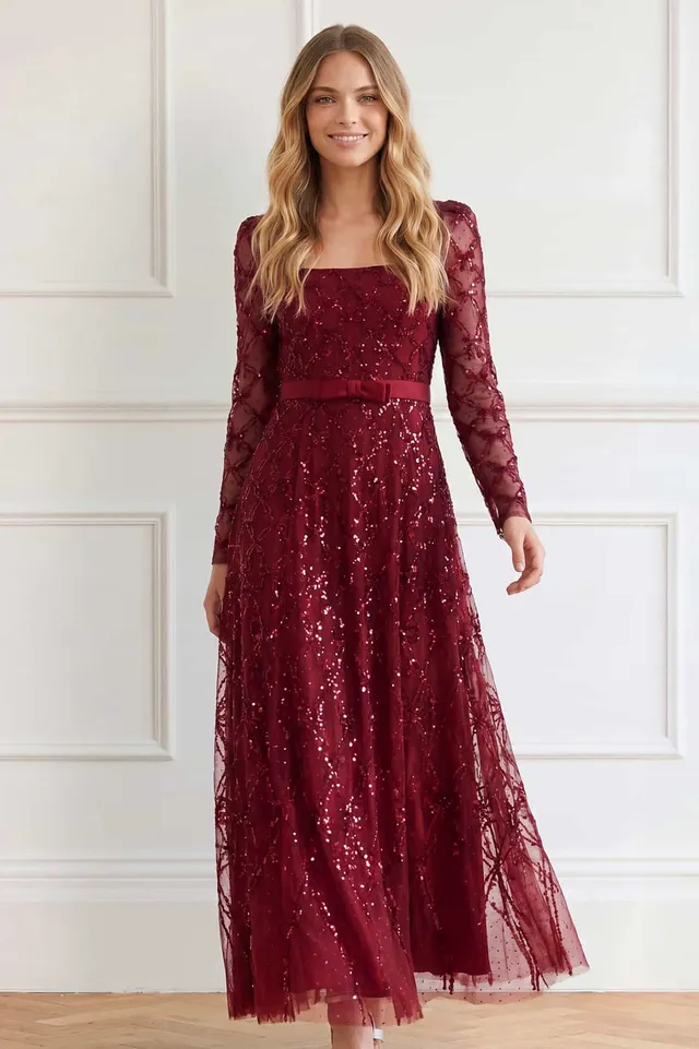 Needle & Thread Bow Lattice Ankle Gown sukienka czerwona