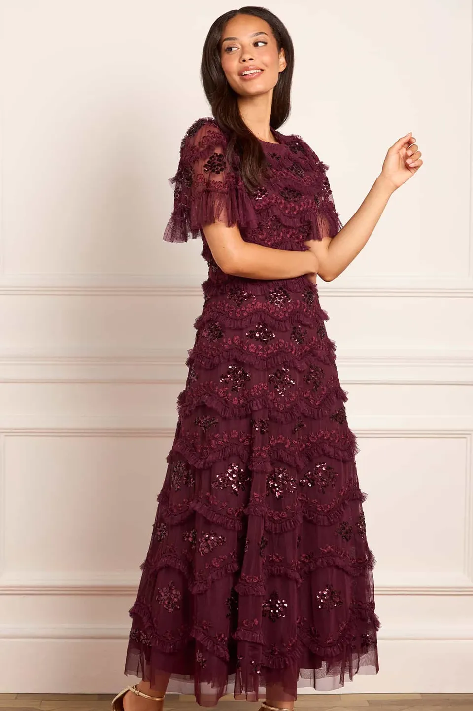 Needle & Thread Daisy Wave Ankle Gown sukienka fioletowa cekinowa
