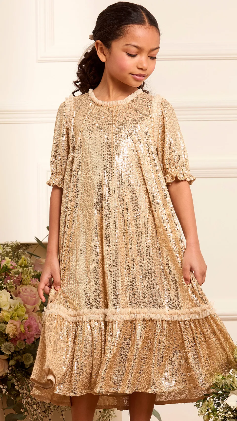 Needle & Thread Starlight Kids Dress sukienka beżowa cekinowa