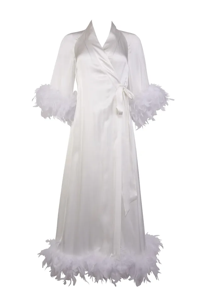 Temperley London Hebe Ostrich Feather Robe szlafrok ecru pióra