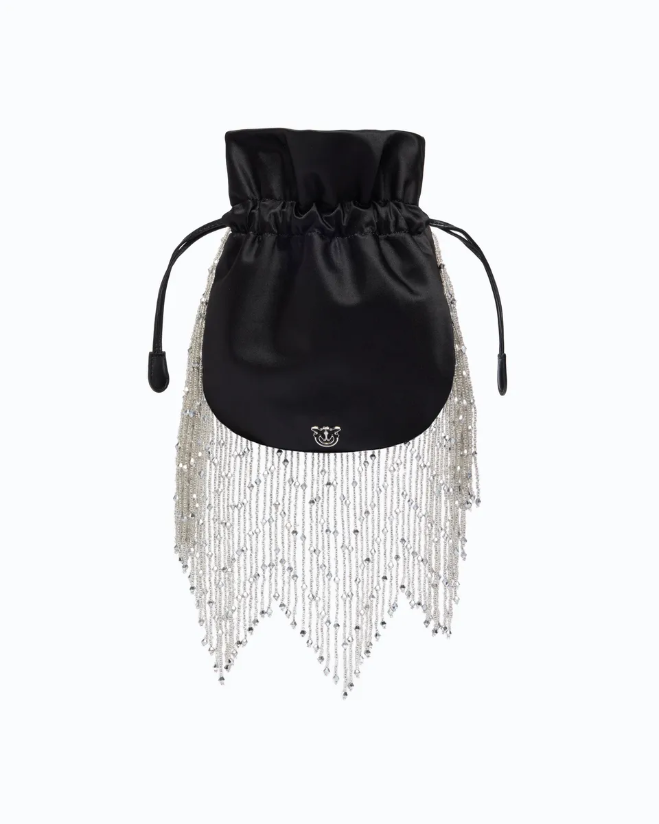 Pinko Galleria torebka satynowa czarna frędzle pouch